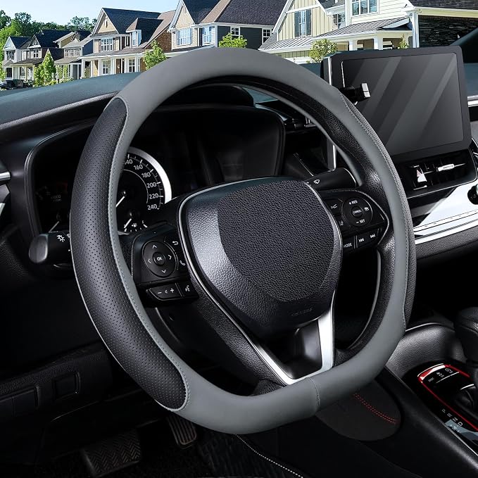 D Shaped Steering Wheel Cover for 14.5-15 inch Flat Bottom Wheels, Breathable Perforated Microfiber Leather, Anti-Slip Grip, Universal Fit for Cars & SUVs, Black and Gray