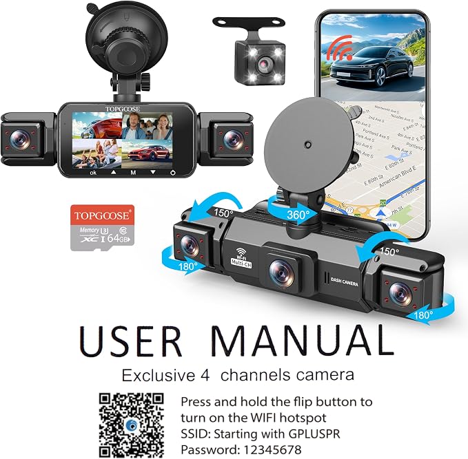 360° Dash Cam 4 Channel 5G WiFi & APP Control, Free 64GB Card, 2K FHD Front and Rear Inside, Left Right Dash Camera for Cars, G-Sensor, Loop Recording, 24H Parking Mode