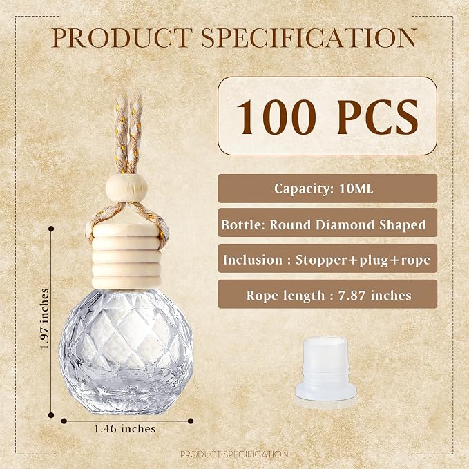 100 Pcs Car Air Fresheners Diffuser with Wooden Cap Empty Aromatherapy Diffuser Clear Car Fragrance Holder Pendant Hanging Perfume Fresheners Bottles for Decor(Round Diamond,Clear)