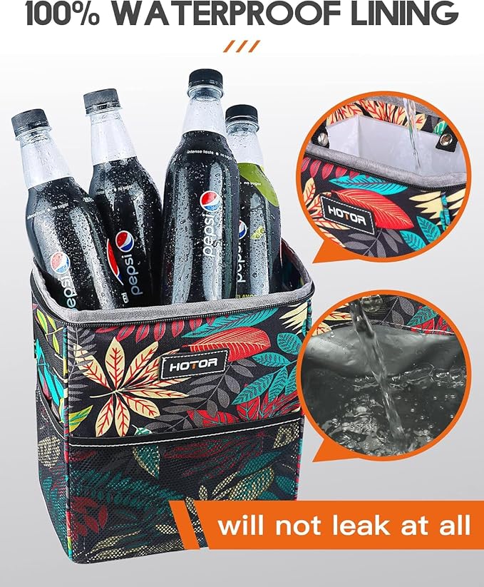Car Trash Can with Lid and Storage Pockets - 100% Leak-Proof Organizer, Waterproof Garbage Can, Multipurpose Trash Bin for Car, 2 Gallons, Autumn Leaves
