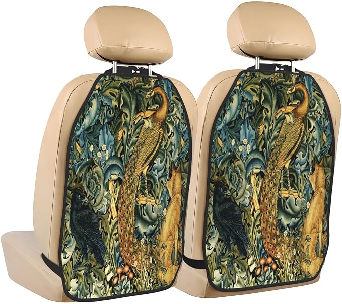 William Morris Forest Animals Raven Fox Peacock Blue Green Floral Car Seat Back Kick Protectors Kick Mats With Storage Pockets For Vehicles To Protect From Dirt Mud Scratches 2 Pack
