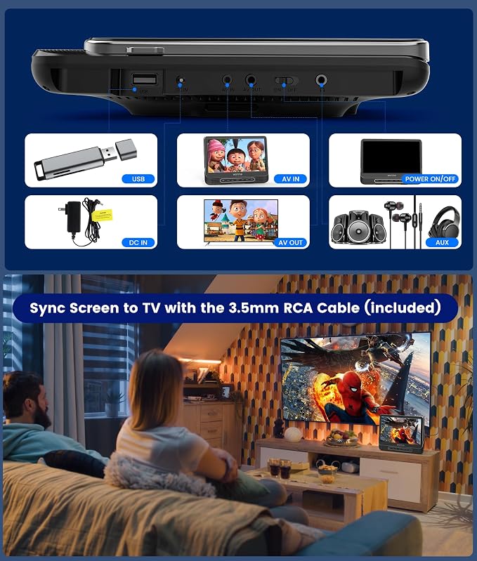 12" Dual Car DVD Players Portable DVD Players for Car Headrest Play a Same or Two Different Movies with 5-Hour Rechargeable Battery, Mounting Brackets, All Region, Support USB/Sync TV