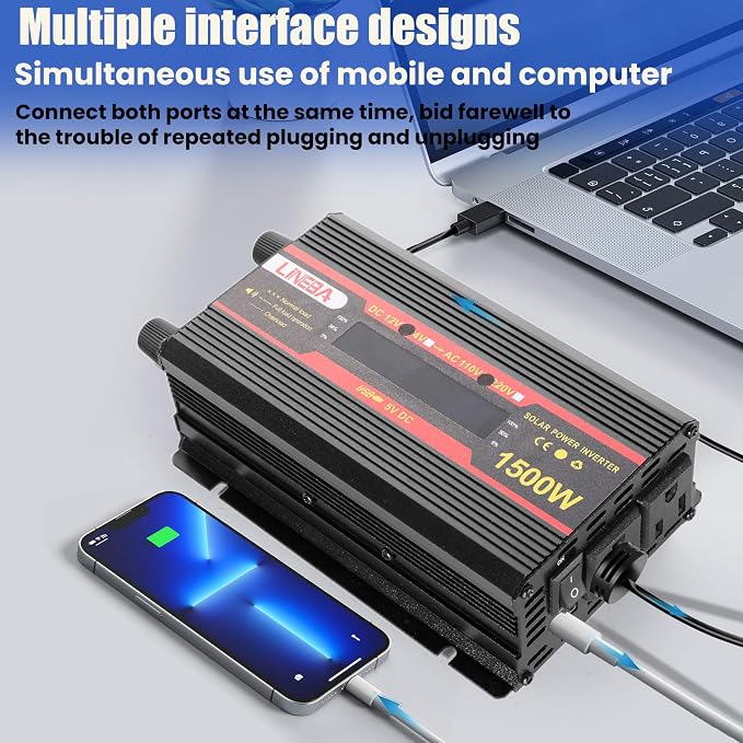 1500 Watt Power Inverter with LED Display,Dual AC Outlets,USB Port, 12V DC to 110V AC Converter Car Power Inverter for Vehicles, Car, RV, Truck, Off Grid Solar System, Outdoor Camping