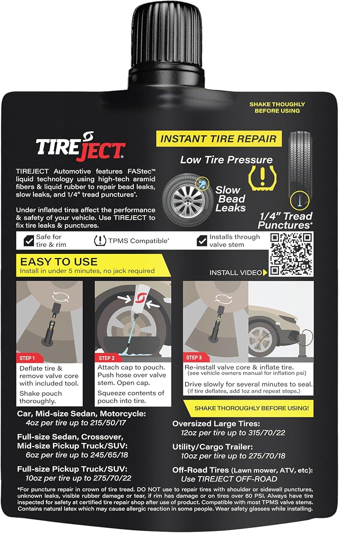 TireJect Automotive Sedan/Crossover/Truck 2-in-1 Tire Sealant & Bead Sealer Kit for tire repair of leaks and punctures