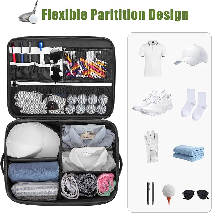 2 Layer Golf Trunk Organizer, Golf Car Storage Organizer with Individual Ventilated Compartment for 2 Pairs Shoes, Golf Car Locker for Balls, Clothes, Tees, Gloves, Accessories (White)