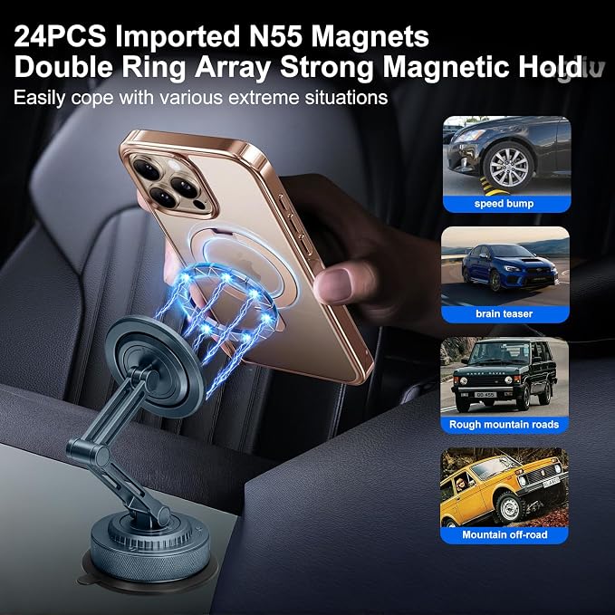 PIEPIE All-Metal Alloy Long Arm Magnetic Suction Cup Car Phone Mount Holder | Strong Powerful Magnetic Heavy-Duty Windshield Dash 360° Mechanical Rotation Cell Mobile Phone Vehicle Bracket for All Cars