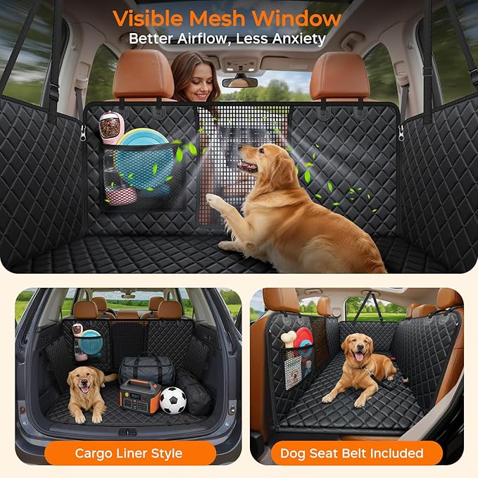 XL Dog Backseat Extender for Full-Size Crew Cab Truck, Hard Bottom Dog Car Seat Cover for Back Seat Holds 400lbs, Waterproof Dog Hammock Pet Rear Seat Protector Travel Bed for F150 / Silverado