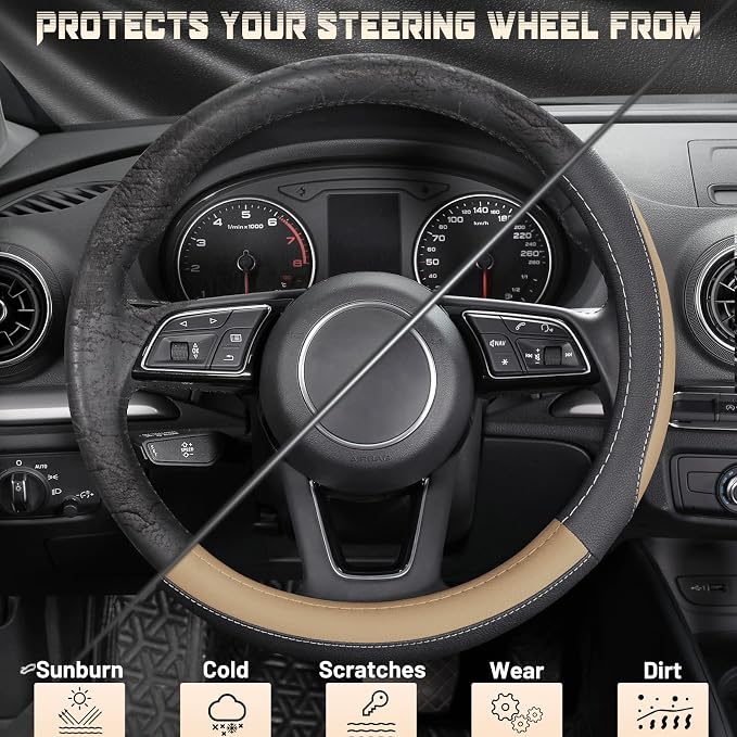 Car Steering Wheel Cover for Prius Civic Model 3 Model Y Camaro, Small Size 14-14.25 inch, Black and Beige Microfiber Leather