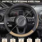 Car Steering Wheel Cover for Prius Civic Model 3 Model Y Camaro, Small Size 14-14.25 inch, Black and Beige Microfiber Leather