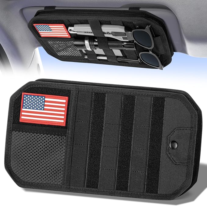 Car Sun Visor Organizer, Multi-Pocket Tactical Visor Storage with Zipper and Sunglasses Holder Clip, Semi-Rigid Molle Panel Car Visor Accessories for Truck, SUV, Patrols, Pickups