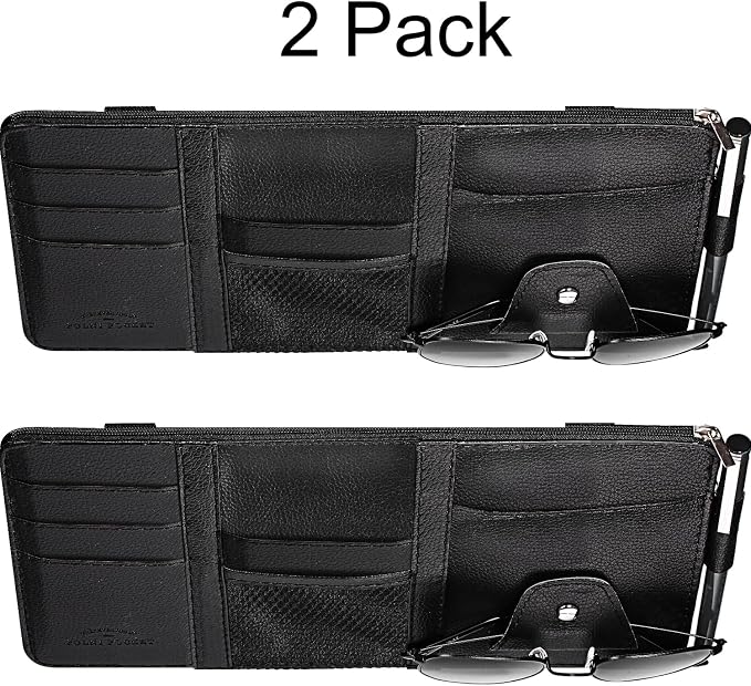 2 Packs Car Sun Visor Organizer, Sunglasses Holders for Car Sun Visor PU Auto Interior Accessories Storage Travel Document Holder with Multi Pocket (Black, 12.2 x 6.1 Inches)