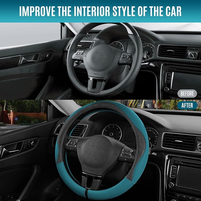 Steering Wheel Cover, Black Patterned & Blue Leather Patchwork Design, Universal Fit 14.5"–15.5", Anti-Slip, Odor-Free, Soft PU Grain Leather, Durable Grip Car Accessory for Girls & Women