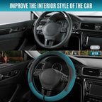 Steering Wheel Cover, Black Patterned & Blue Leather Patchwork Design, Universal Fit 14.5"–15.5", Anti-Slip, Odor-Free, Soft PU Grain Leather, Durable Grip Car Accessory for Girls & Women