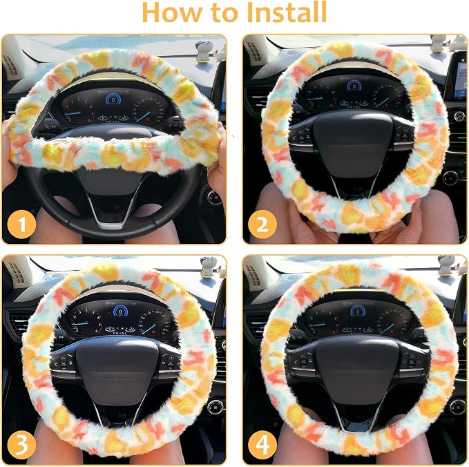 Fuzzy Car Steering Wheel Cover, Universal Fluffy Auto Wheel Cover & Handbrake Cover & Gear Shift Cover Set, Soft Warm Steering Wheel Protector Car Accessories for Men Women Girls, Colorful