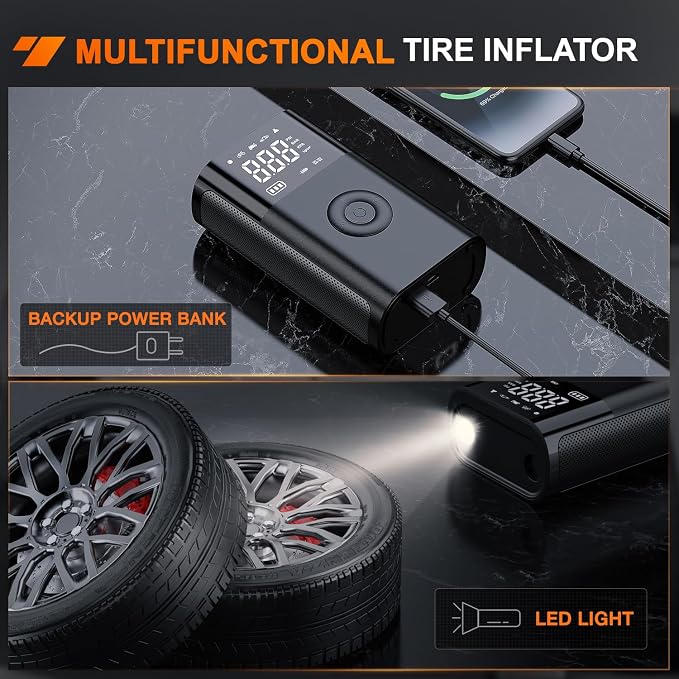 Tire Inflator Portable Air Compressor Battery Rechargeable 12VDC 150PSI Cordless Auto Shutoff w/Digital Pressure Gauge 2X Faster Inflation Pump for Car Motorcycle ATV UTV Bike