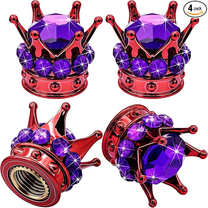 4PCS Crown Bling Tire Stem Valve Caps, Crystal Diamond Car Wheel Tire Valve Caps Universal Copper Core Stem Covers for Cars, SUV, Trucks, Bikes, Motorcycles, Bicycles (Red & Purple)