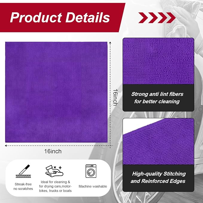 200 Pcs Microfiber Cleaning Cloth 16x16 Inch Microfiber Towels for Car Ultra Absorbent Cleaning Rags Reusable Lint Free Streak Free Detailing Towel for Car Washing Drying Dusting (Purple)