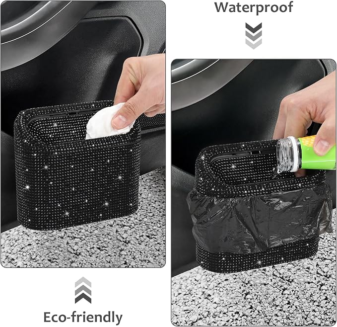 Bling Car Trash Can with Lid, Mini Vehicle Garbage Organizer Storage Bin Dustbin, Sparkling Crystal Rhinestone Holder Container with 30pcs Garbage Bags Car Accessories