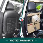 Tan Seat Back Organizer Car Backseat Protective Kick Mat with Mesh Pockets, Automobile Seat Cover Protector