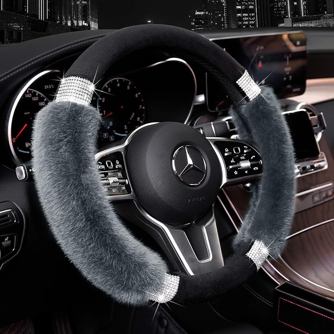 Rhinestone Fluffy Steering Wheel Cover - Comfortable Non-Slip Luxury Faux Wool, Universal Fit for 14.5" to 15" Steering Wheels