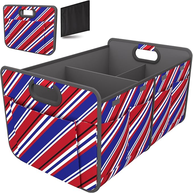 Car Trunk Organizer for SUV, 18.5Gal Large Capacity No-Sag Heavy Duty, Foldable Waterproof Anti-Slip Storage with 12 Pockets, Fit Sedan, Truck, Universal Car Accessories, Red Blue Twill, Large