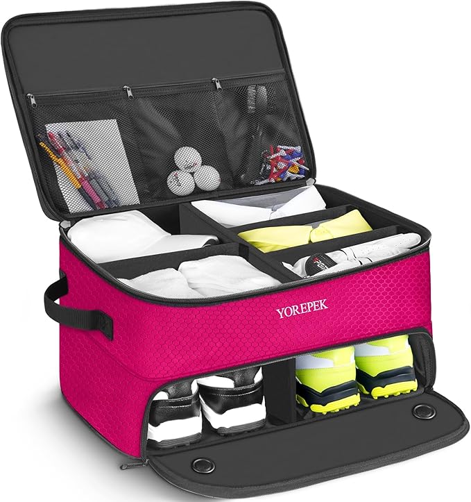2 Layer Golf Trunk Organizer, Golf Gifts for Men with Separate Ventilated Compartment for 2 Pair Shoes, Waterproof Car Trunk Locker for Balls, Tees, Clothes, Gloves, Gifts for Golfers