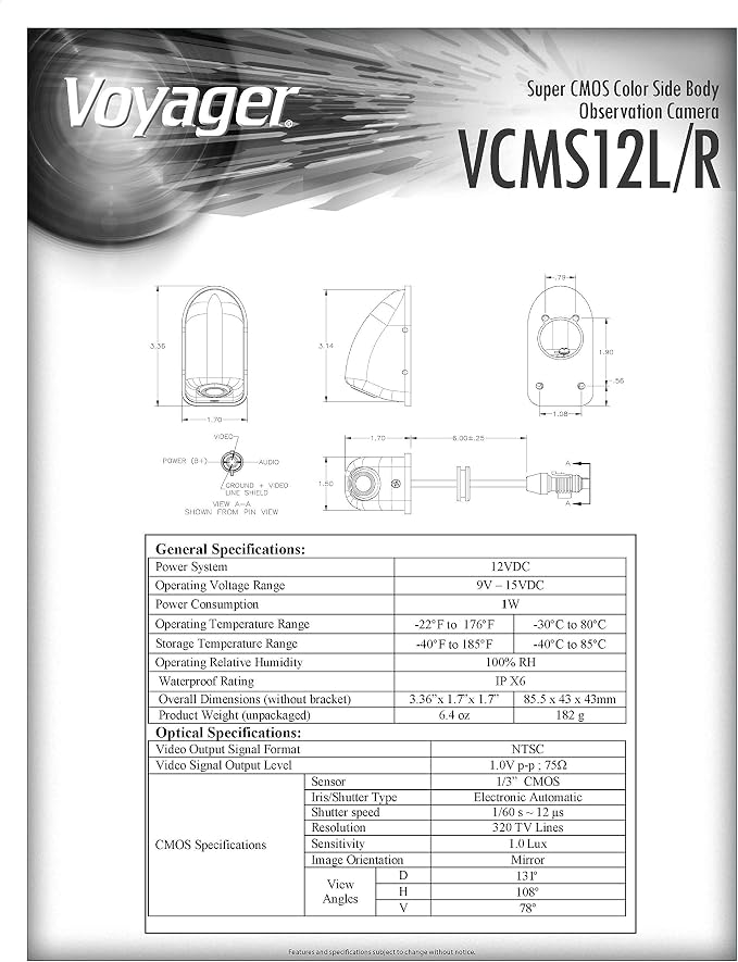 Voyager VCMS12R Super-CMOS High Performance Color Optics 1/3-inch Sensor Vehicle Right Side Body Observation Replacement Camera (No Housing), Anti-Blooming, Mirror Image Orientation, 12V DC (Renewed)