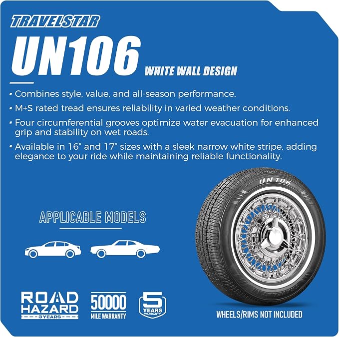 Set of 2 (TWO) UN106 All Season 175/75R14 14mm White Wall Radial Passenger Car Tire- 175/75-14 86T + Three-Year Road Hazard Warranty Included 175/75/14 (Tire Only)