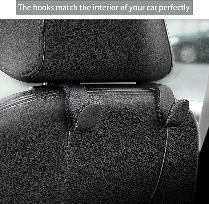 Headrest Hooks for Car, Back Seat Organizer Gray Leather Hanger Holder Hook, for Hanging Purses and Bags and Coats, Pack of 2