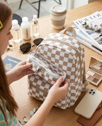 Preppy Checkered Clear Travel Makeup Brush Holder,Khaki and Beige Checkered Makeup Brush Toiletry Bag, Portable Cosmetic Brush Case,Transparent Waterproof Makeup Brush Storage Bag