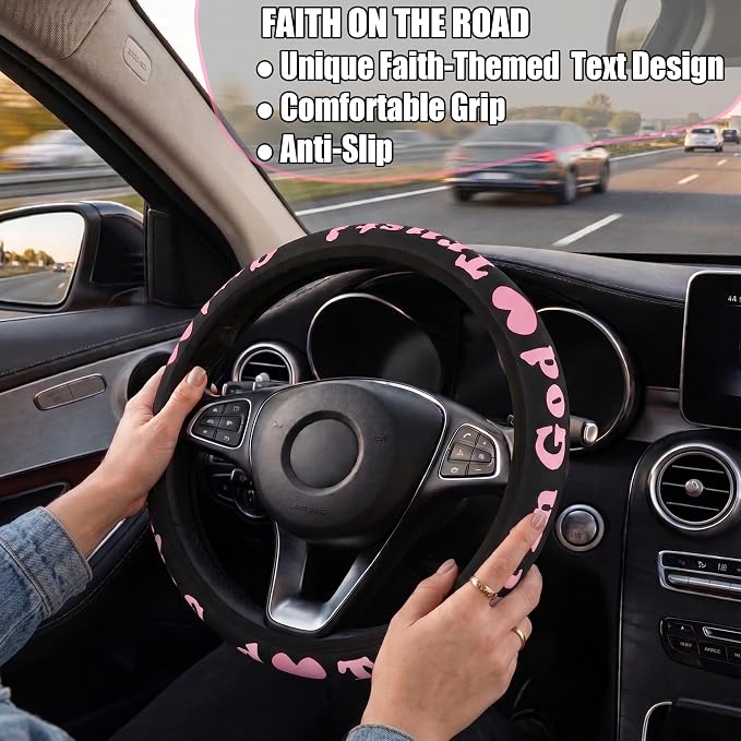 Christian Trust in God Car Steering Wheel Cover with 2 Pack Coasters for Women, PU Leather Pink Car Accessories, Religious Gifts, Universal 14.5-15.5" Fit for Cars, SUVs, Trucks