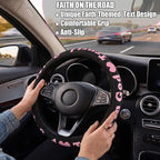 Christian Trust in God Car Steering Wheel Cover with 2 Pack Coasters for Women, PU Leather Pink Car Accessories, Religious Gifts, Universal 14.5-15.5" Fit for Cars, SUVs, Trucks