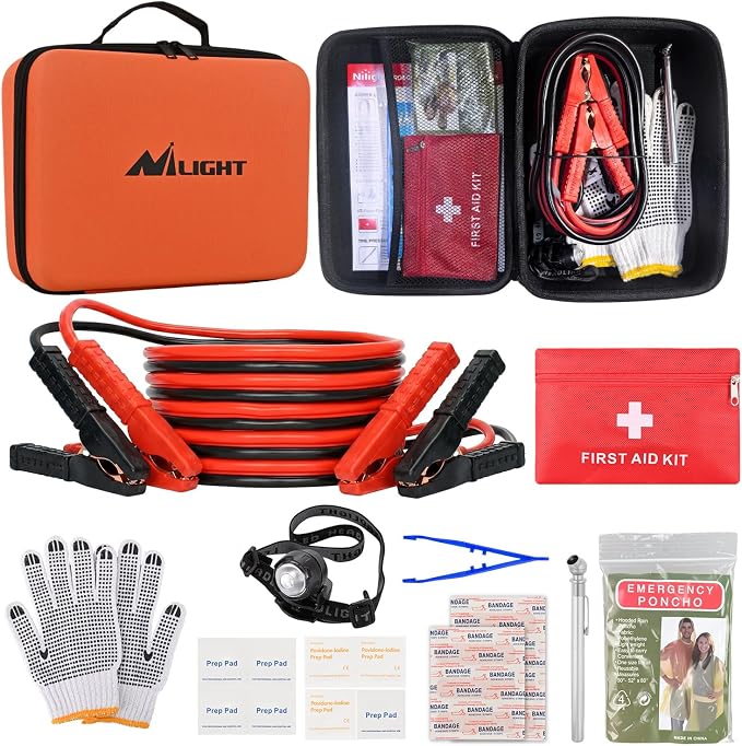 Car Emergency Kit with Jumper Cable, First Aid Kit Safety Assistance Tools for Travel Camping Outdoor Cars Truck SUV RV, Roadside Essentials with Flash Light