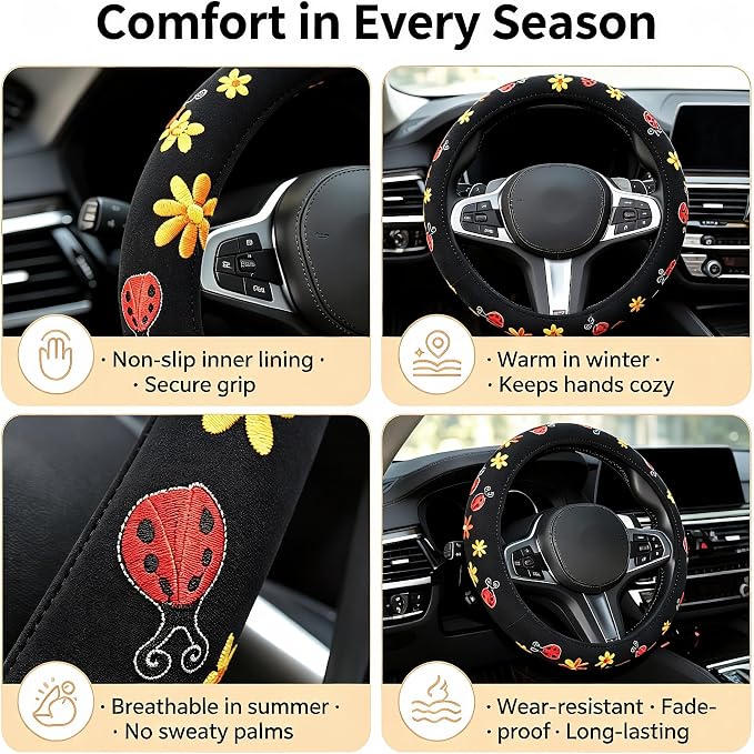 Cute Car Steering Wheel Cover with Embroidery Pattern for Women Girls, Short Flannel, Universal 15 inch (A#)