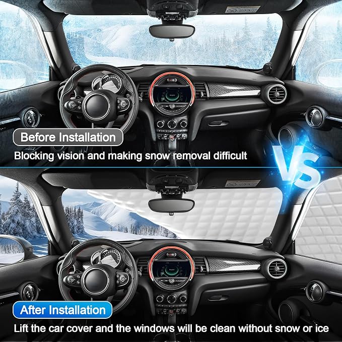 Custom Fit Windshield Snow Cover for Mini Cooper – 6-Layer Frost Guard with Mirror Covers & Secure Steel Hooks – Automotive Windshield Snow Covers