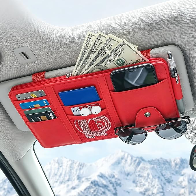 Car Sun Visor Organizer, Truck Visor Organizer, Leather Multi-Pocket Auto Visor Storage Pocket Pouch Holder with Zipper, Auto Accessories Storage Bag for Driving License Card Pen (Red)