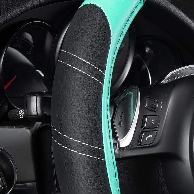 Line Rider Microfiber Leather Sporty Steering Wheel Cover Universal Fits for 95% Truck,SUV,Cars, 14.5-15 inch Anti-Slip Safety Comfortable Design (Black Mint Blue)