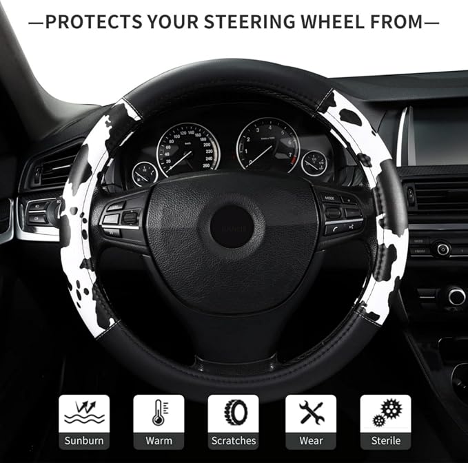 Cow Print Steering Wheel Cover, Universal 15 Inch Cute Steering Wheel Cover for Women, Breathable Anti-Slip Car Steering Wheel Protector, Fashion Auto Interior Accessories for Cars, SUVs & Trucks