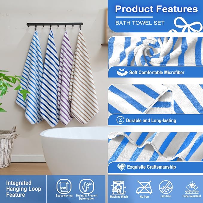 Microfiber Beach Towels Cabana Stripe, 2 Pack, 30" x 60", Quick Drying Bath Towel Set for Adult, Absorbent, Use for Travel, Sport, Swimming, Pool, Yoga, Camping, Micro Fiber StripeBlue