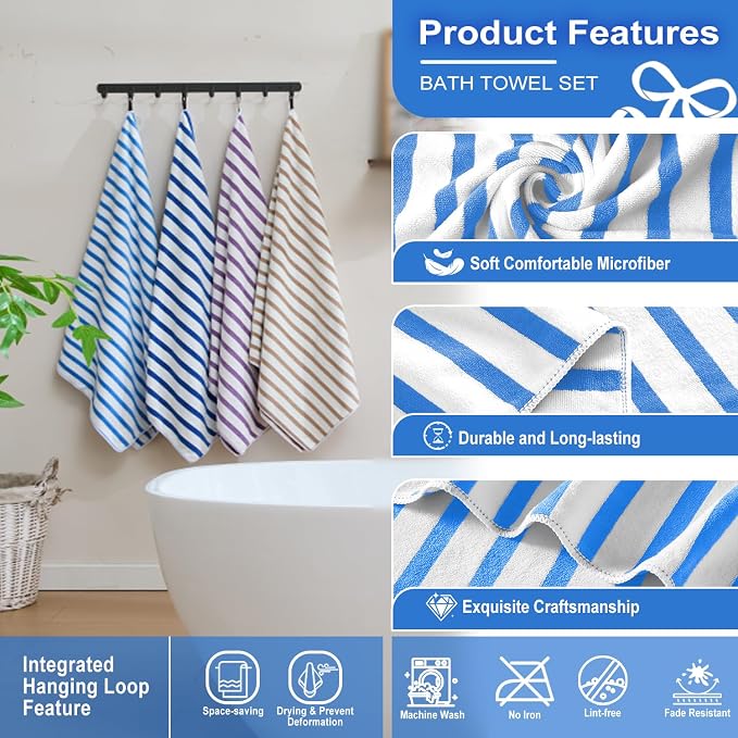 Microfiber Beach Towels, 4 Pack, 30" x 60", Cabana Stripe, Soft, Absorbent, Quick Dry Large Bath Towel Set for Adult, Travel, Summer Pool Party, Sport, Swimming, Yoga, Camping, StripeBlue