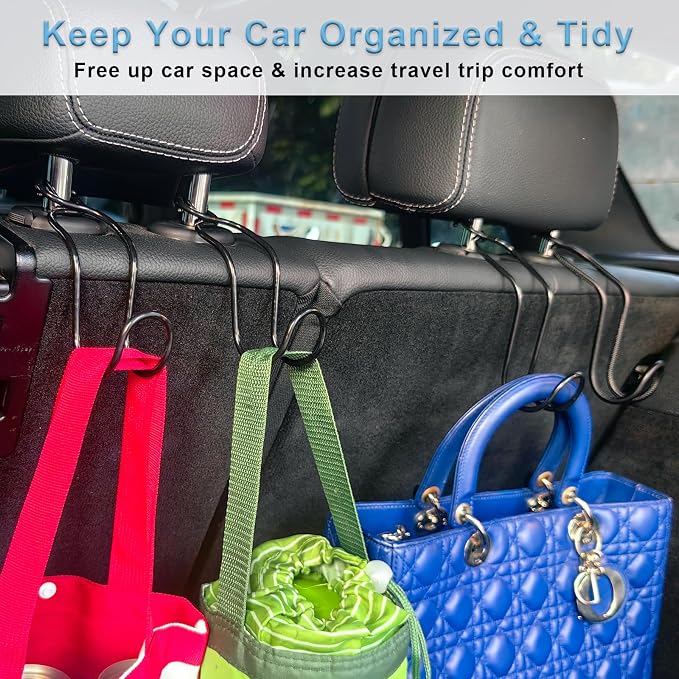 Car Hook for Purses and Bags 4 Pack Headrest Hangers (4 * Small Size) | Hard Hat Hanging Holder for Truck Car Backseat Storage Stuff for Women Automotive Necessities Accessories New Driver Gifts