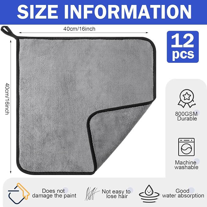 12 Pcs Microfiber Towels for Cars, 800 GSM Plush Drying Cleaning Cloth Bulk, 16 x 16 Inch Thick Absorbent Wash Detailing Towels for Car Polishing, House, Kitchen Cleaning(Gray)