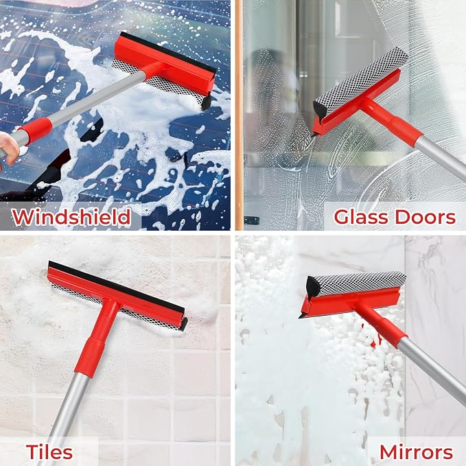 Windshield Cleaner Tool 2 in 1 Car Window Squeegee with Extendable Handle (18"-28.5") Window Cleaner with Squeegee and Sponge for Shower, Glass Cleaning