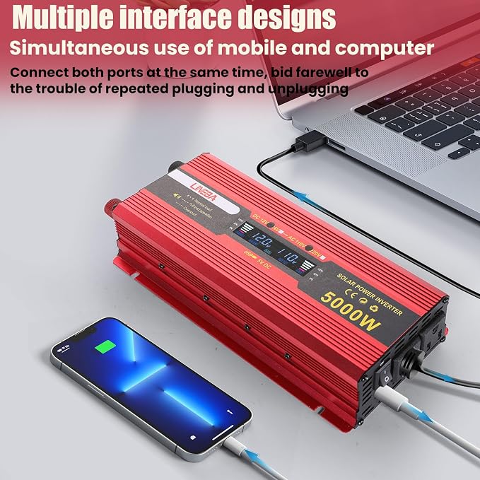 5000 Watt Red Power Inverter with LED Display,Dual AC Outlets,USB Port, 12V DC to 110V AC Converter Car Power Inverter for Vehicles, Car, RV, Truck, Off Grid Solar System, Outdoor Camping