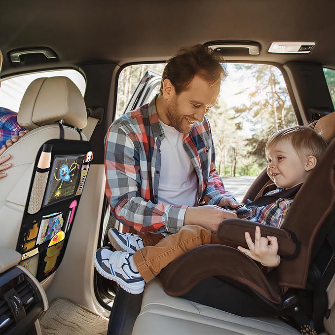 Backseat Car Organizer Mats Back Seat Organizers and Storage Bag with Touch Screen Tablet Holder for Kids Toddlers Seats, Travel Accessories, Road Trip Essentials (2PCS)