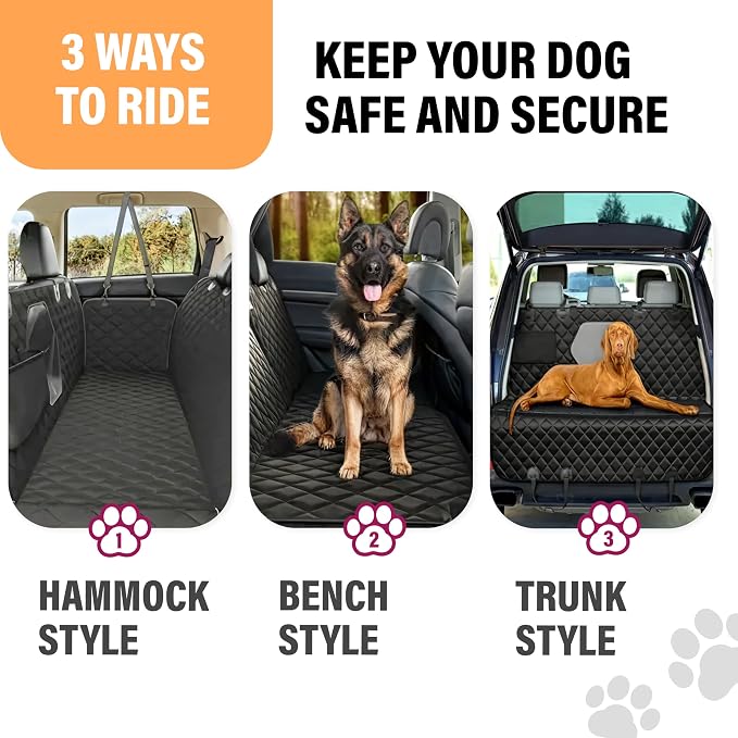 Dog Car Seat Cover for Back Seat, Waterproof Pet Protection Hammock, SUV Truck Car Backseat Protector with Safety Features, XL, Black