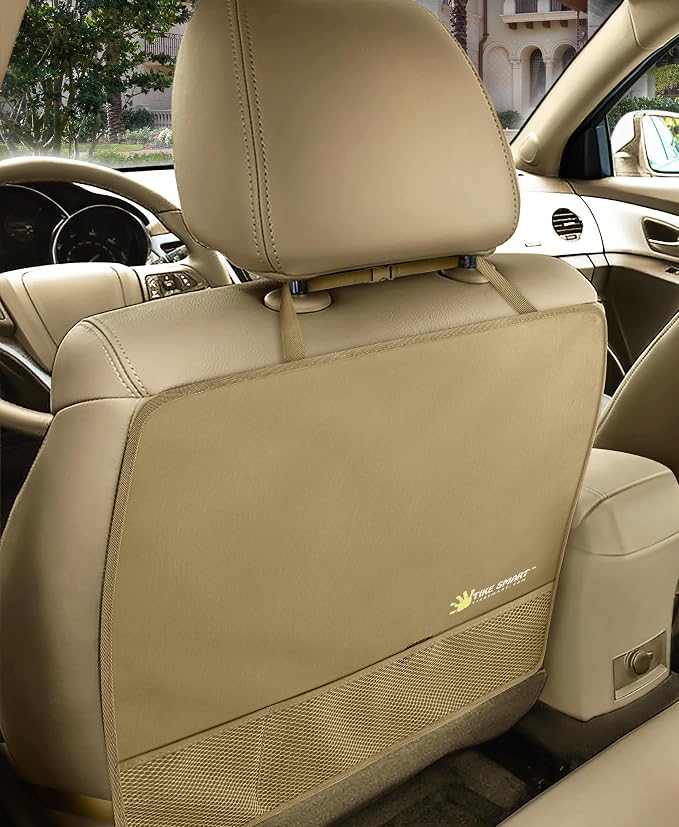 Luxury Clean-Edge Kick Mat w/Mesh Pocket - Seat Back Protector and Seat Cover with Invisible Strap and Stiff Edging - Light Tan/Light Beige (1 Mat)