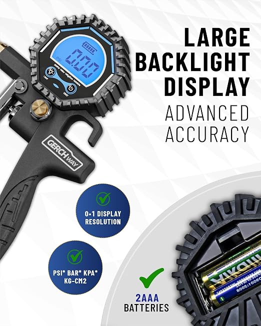 GERCHWAY Digital Tire Pressure Gauge with Inflator (3-200 PSI), Heavy Duty Air Chuck and Compressor Accessories with Swivel Air Chuck, Longer Hose, Large Display (0.1 Res)