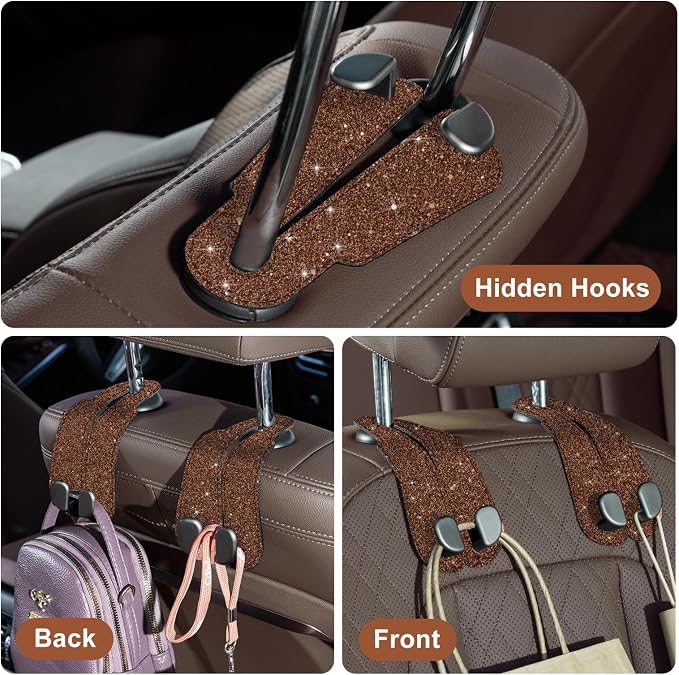 CoBak Purse Hook for Car - Universal Premium Stitched Leather and Aluminum-Magnesium Alloy Double Car Seat Back Storage Hook for Purses, Handbags, Bags (2 Pack),Brown Glitter