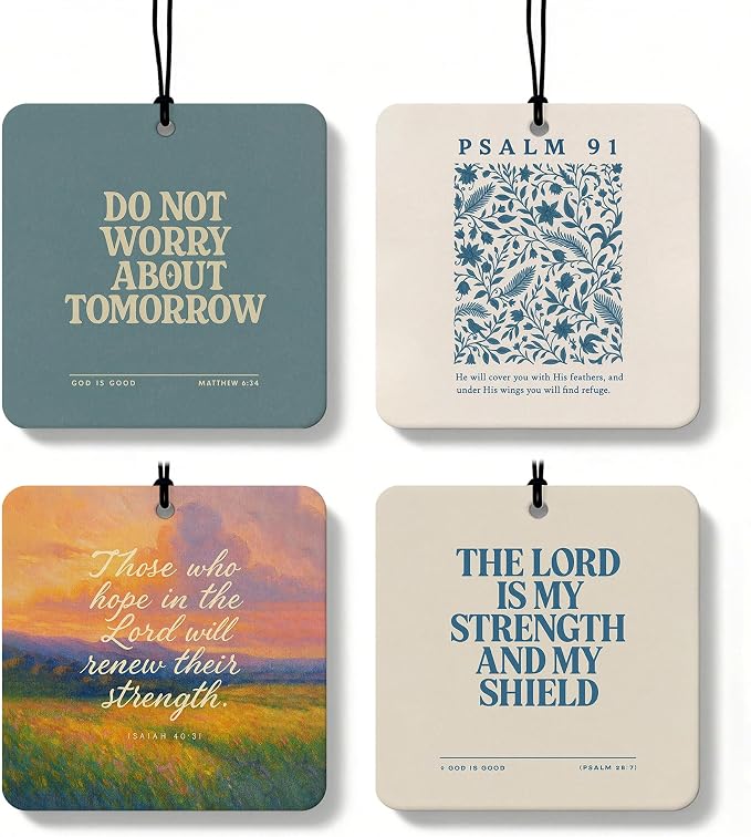 Retro Blue Christian Square Car Air Freshener 4 Pcs Coconut Scented, Inspirational Religious Car Accessories Mirror Decor, Christian Hanging Air Freshener for Cars Closet Drawer Books
